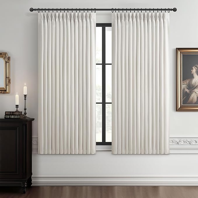 Pinch Pleated Off Beige White Mini Curtains 63 Inch Length 2 Panels Set for Kitchen Windows, Cute Blackout Two Layer Thick Linen Blend Light Blocking Drapes Back Tab for Laundry Room 63 Inches Curtain