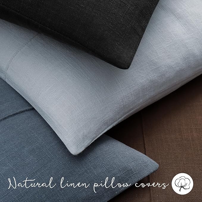 ZWJD Decorative Linen Throw Pillow Covers 24x24 Set of 2 Solid Handcrafted Striped Cushion Covers for Bed Soft Modern Farmhouse Neutral Pillowcase for Couch Bedroom Living Room Home Decor(Sky Blue)
