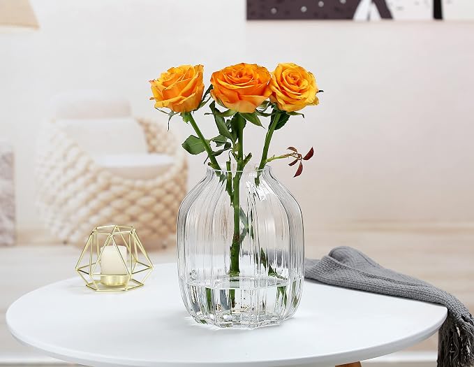 Large Clear Glass Ribbed Vase - 8.0" Decorative Tall Vase for Home Table Centerpieces and Farmhouse