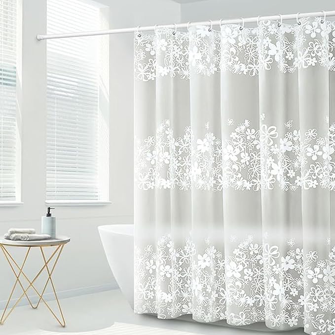 Plastic Shower Curtain Liner, Premium PEVA 6G White Vine Flower Shower Curtain, Shower Curtains for Bathroom with 3 Magnetic Weights and Rustproof Grommets (White Vine Flower, 72x72 in)