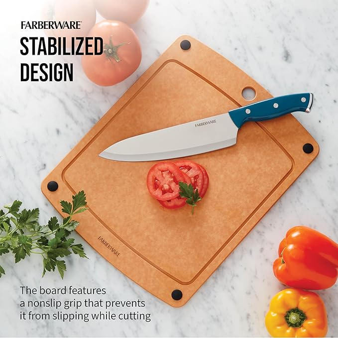 Farberware 11x14 Inch Wood Fiber Cutting Board, Dual-Sided, Knife Friendly, Non-Slip Corners, Juice Groove, Heat Resistant, Dishwasher Safe, Durable Prep Surface for Chopping and Slicing