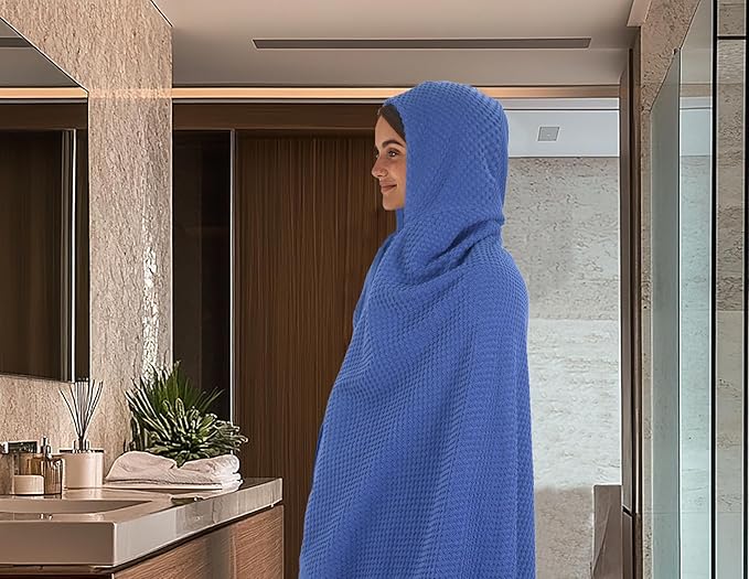 COTTON CRAFT Hooded Bath Towel – 2 Pack Oversized 35x70 Waffle Weave Towel with Hood for Adults - 100% Ringspun Cotton Pool Bath Sheet Wrap with Hood - Soft Super Absorbent Quick Dry – 450 GSM – Blue