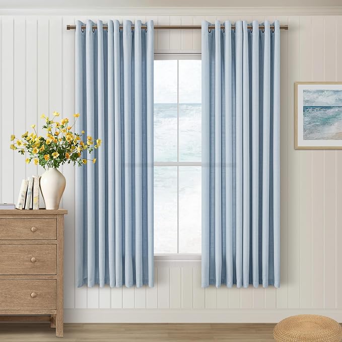 Light Blue Living Room Curtains 63 Inch Length 2 Panels Set Flax Linen Semi Sheer Non See Through Privacy Bronze Grommet Drapes Modern Coastal Boho Stone Blue Window Curtains for Girls Bedroom