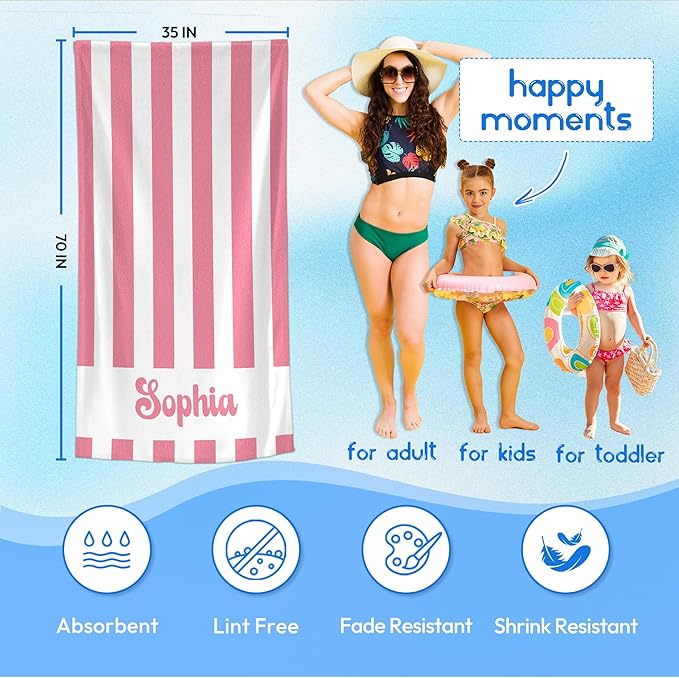 JML Personalized Beach Towel with Name, Custom Cabana Stripe Beach Towel, Customized Microfiber Pool Towel, Quick Dry & Absorbent Swim Towel for Adult,Anniversary, Birthday, Summer Holiday,Vacation