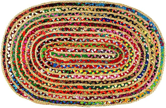 COTTON CRAFT Jute Chindi Braid Rag Rug - Boho Farmhouse Rustic Area Accent Throw Rug - Handwoven Reversible Natural Recycled Cotton- Living Room Den Study Home Décor Gift - 2' x 3' Oval - Multi Color