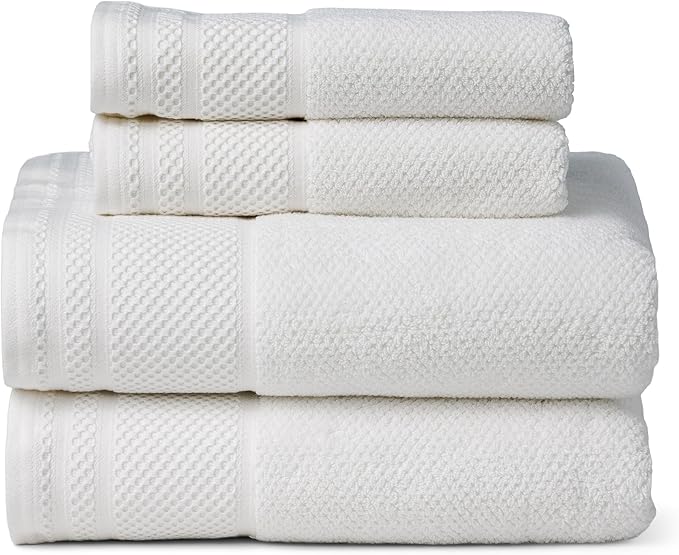 Texere 100% Organic Cotton Rice Weave Jacquard 700 GSM Luxury Bath Towel Sets - Ultra Soft and Absorbent Hotel and Spa Quality (Rice Weave, Bright White, 2 Bath & 2 Hand Towels)