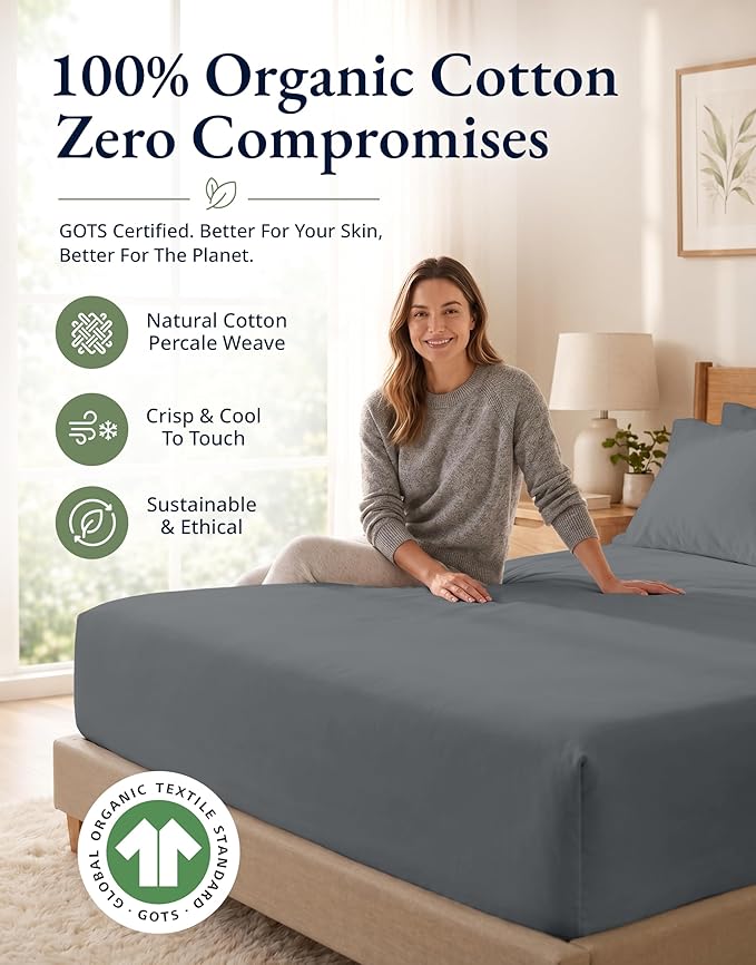 LANE LINEN 100% Organic Cotton Fitted Sheet Twin XL Size (No Flat Sheet) - Soft & Breathable Percale Weave Fitted Sheet Set For Added Comfort - 15''Deep Pocket For Snug Fit - GOTS Certified - Charcoal
