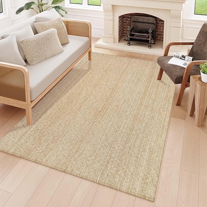 LEEVAN Boho Living Room Rugs 5X8 ft, Washable Area Rug Woven Cotton Modern Bedroom Rugs, Farmhouse Tan Braided Floor Carpet Rug for Dining Room Nursery Room Home Decor