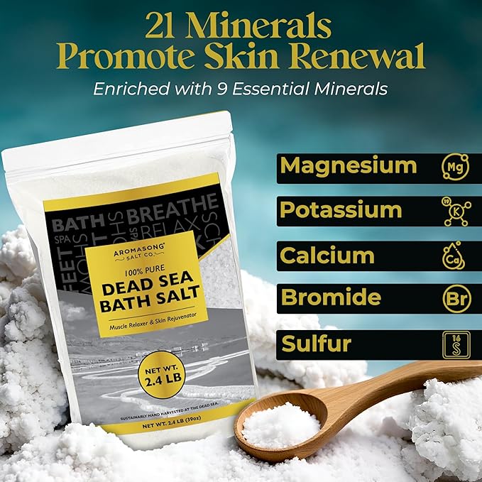 Aromasong Dead Sea Salts for Soaking - 2.43 Lbs Fine Grain Bath Salt Soak in Large Bulk resealable Pack, 100% Pure & Natural - Soak for Women & Men to Relax Tired Muscles and Treat Skin Issues