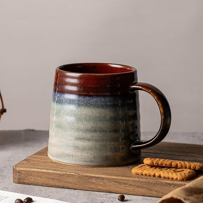 15.5 Oz Large Reactive Glaze Ceramic Mug, Heavy Weighted Stoneware Coffee Cup, Wide Base, Thick Wall Big Tea Cup with Custom Package Box, Microwave & Dishwasher Safe (Black Red)