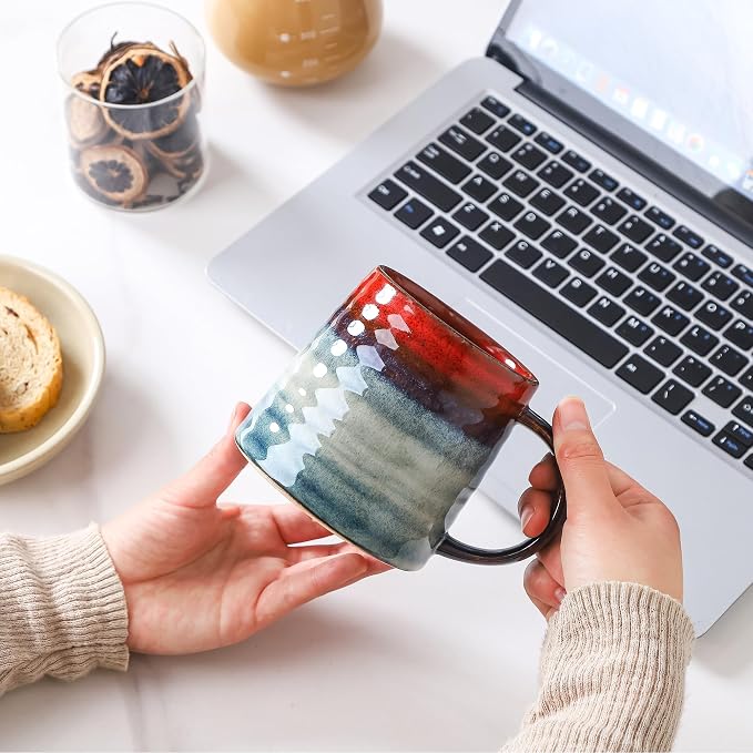 Large Ceramic Coffee Mug, Handmade Pottery Mugs, Tea Cups with Big Handle for Office and Home, 15.5 oz, Dishwasher and Microwave Safe (Rock Green)