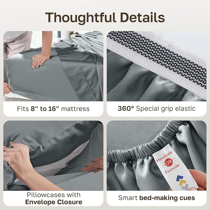 California Design Den 100% Egyptian Cotton Sheets King Size Bed Set - Certified Authentic Luxury, Soft and Durable Sateen, Deep Pocket King Size Egyptian Cotton Sheets Set - Grey