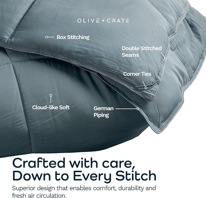 Olive + Crate Cooling Down Alternative Comforter - Hypoallergenic Queen Size Duvet Insert Lightweight - All Seasons Plush Design Bamboo Comforter - 100% Bamboo Viscose Outer Cover, Basalt Blue 88"x90"