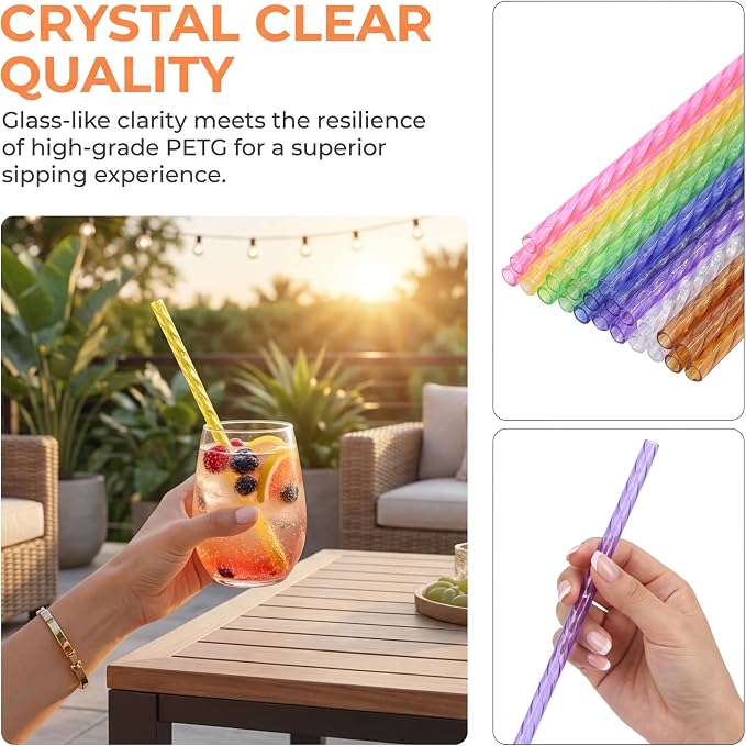 50PCS Reusable Straws with Cleaner Brush, 9.06" Long Colorful Clear Hard Plastic Swirl Drinking Straws for 12 oz 16 oz Mason Jar, Tumblers, Milk, Juice, Iced Coffee, Smoothies, Cocktail