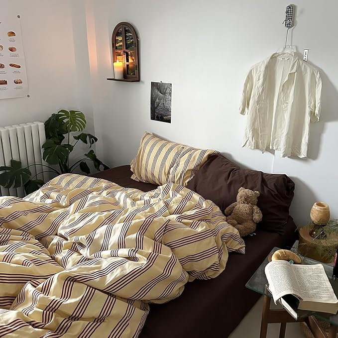 mixinni Retro Striped Duvet Cover Set Full - 100% Natural Cotton 3-Piece Vintage Red Stripes Pattern Printed Bedding Set, Soft Breathable Comforter Cover with Zipper Closure & Corner Ties, Full Size