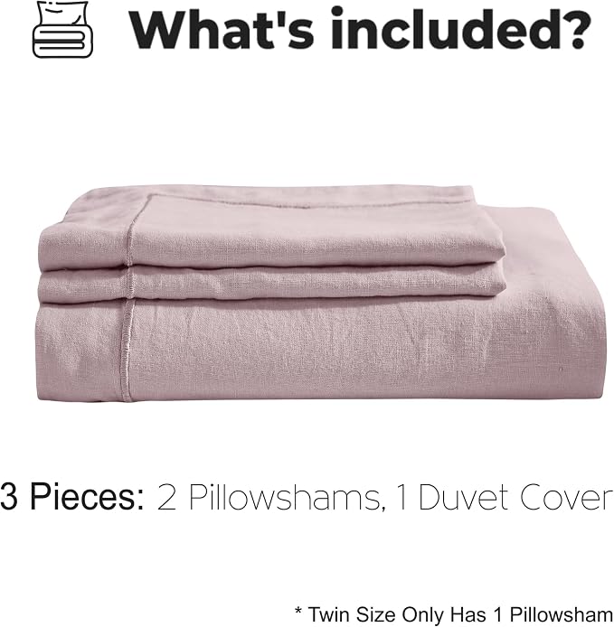 Simple&Opulence 100% Washed Linen Duvet Cover with Embroidered, 3 Pieces Soft Farmhouse Comforter Set with Button Closure,1 Duvet Cover and 2 Pillowshams(King, Dusty Pink)