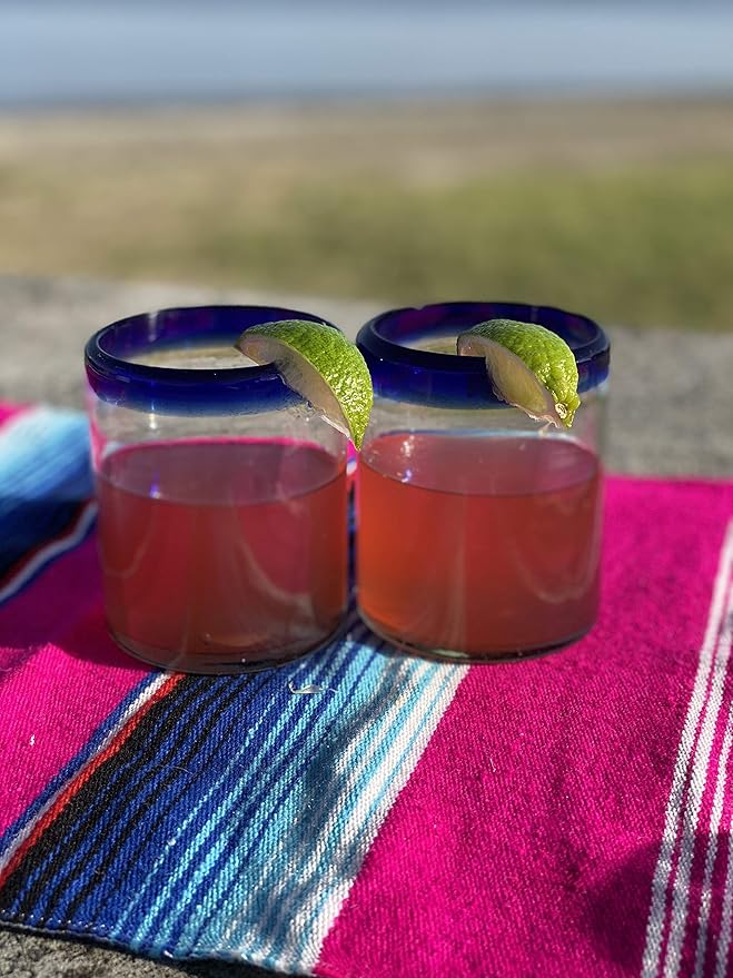 Hand Blown Mexican Drinking Glasses - Set of 6 Tumbler Glasses with Cobalt Blue Rims (10 oz each)