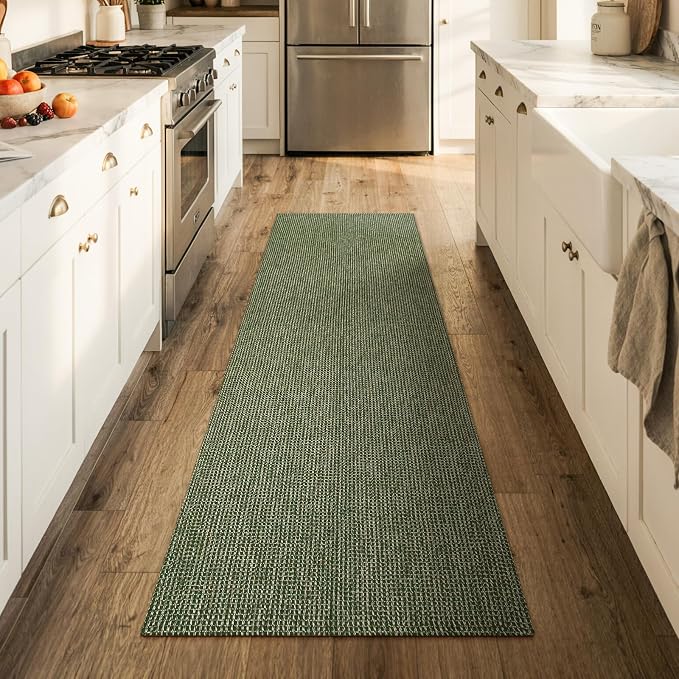 Uphome Kitchen Runner Rug, 2x6 Washable Boho Rug Runners for Hallways Non Slip, 6ft Low Pile Woven Cotton Modern Carpet Runners, Stain Resistant Bedroom Runner Rug for Hallway Entryway Entrance, Green
