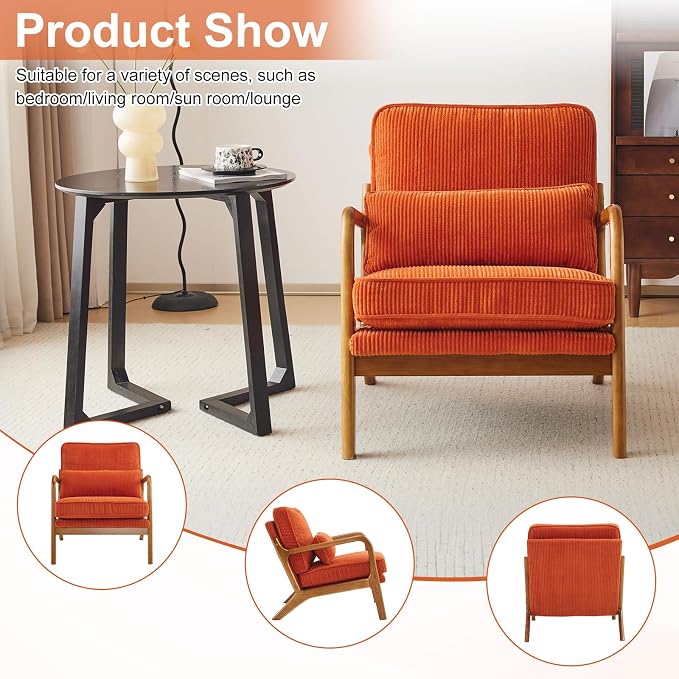 Karl home Mid-Century Modern Accent Reading Chair, Orange | Corduroy Upholstered, Solid Wood Frame, Soft Cushion, Lumbar Pillow, Lounge Armchair for Living Room, Bedroom, Balcony, Study