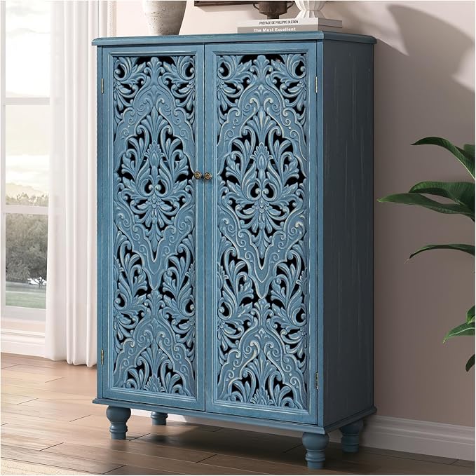 JOINICE 47" Tall Accent Cabinet with Carved Doors & Storage for Living Room,Blue Cabinet with Solid Wood Legs & 100lbs Capacity, Farmhouse/Rustic Style for Dining Room, Bedroom, Hallway, Home Office