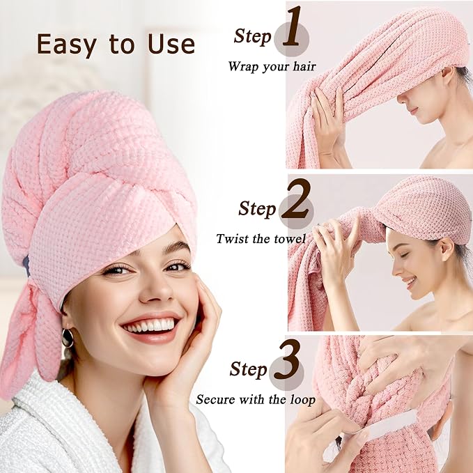 Large Hair Towel Wrap for Women, Quick-Dry Turban, Ultra Absorbent & Anti-Frizz, Ideal for Long, Thick & Curly Hair, Soft Lightweight Microfiber Drying Towel (24x42, Pink)