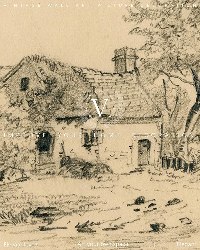Vodefoad Sketch Cottage Retro Vintage Canvas Wall Art Rural Life Murals Vintage Neutral Wall Art for Home Decor Farmhouse Landscape Sketch Drawing Wall Decor Rustic Nature Canvas Prints Antique Neutral Landscape Oil Painting Vintage Art Pictures for Be...