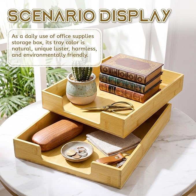 Mifoci 2 Pcs Wood Letters Tray Bamboo Stackable Paper Organizer Letter Tray, Desktop File for A4 Documents, Wooden Office Paper Holder Stacking for Home School Workspace
