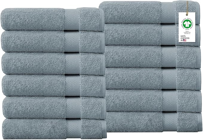 Organic Cotton Towels, 650 GSM Plush Feather Touch Quick Dry Wash Cloths, 12 Pack, GOTS Certified, Light Blue, 13x13 inch