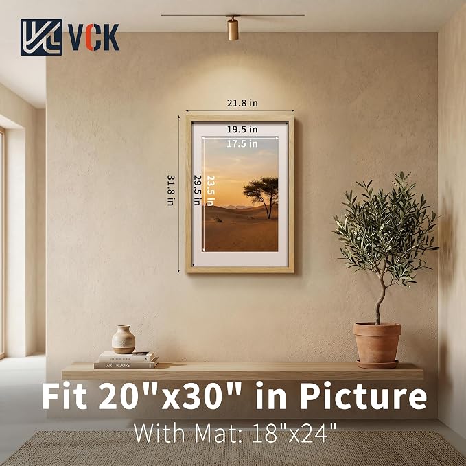 VCK 20x30 Picture Frames Natural - 3 Pack, Wide Border Solid Wood, Display 18x24 Photo with Mat or 20 x 30 Without, for Home, Office, Gallery, Woodgrain Series, Wall Hanging