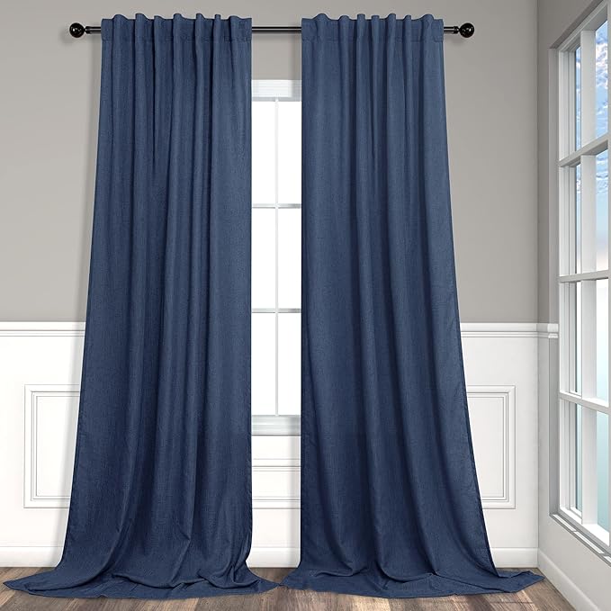 Pitalk Navy Blue Curtains 90 Inches Long for Boys Bedroom 2 Panel Back Tab Loop Pocket Light Filtering Semi Privacy Sheer Dark Blue Linen Curtains for Living Room Dining Nautical Decor 52x90 Length