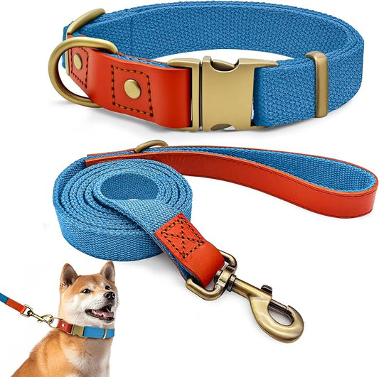 Dog Collar and Leash Set with Metal Quick Release Buckle, Adjustable, Breathable Nylon, Durable, Soft and Comfortable, No Pull for Walking and Training, Blue, L (14.9"-22.8")