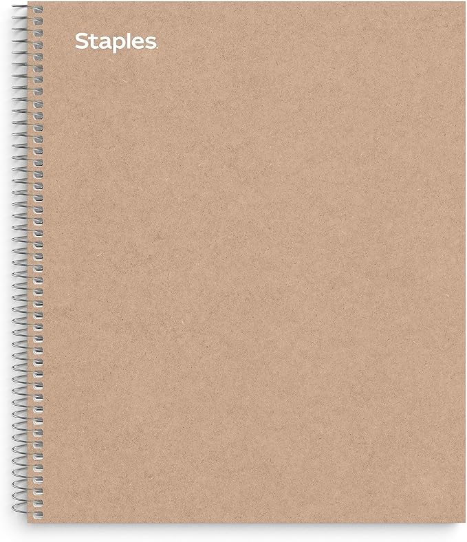STAPLES Premium 5‑Subject Notebook, 8.5” x 11”, College Ruled, 200 Sheets, Brown Cover