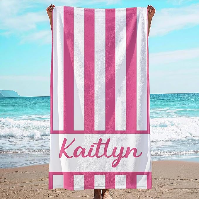 JML Personalized Beach Towel with Name, Custom Cabana Stripe Beach Towel, Customized Microfiber Pool Towel, Quick Dry & Absorbent Swim Towel for Adult,Anniversary, Birthday, Summer Holiday,Vacation