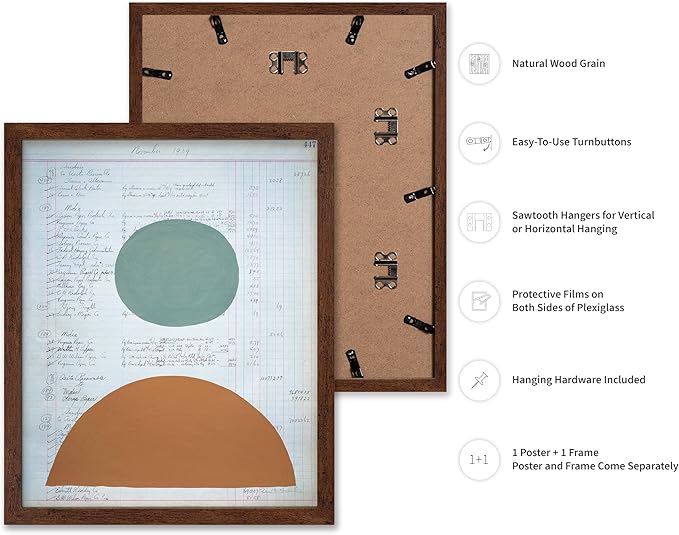 Monem Art Vintage Ledger Abstract Geometric Print - Modernist Teal and Ochre Art Poster - Wall Decor for Office, Living Room or Studio - 16x20 Brown Framed Wall Art by Renee Stramel