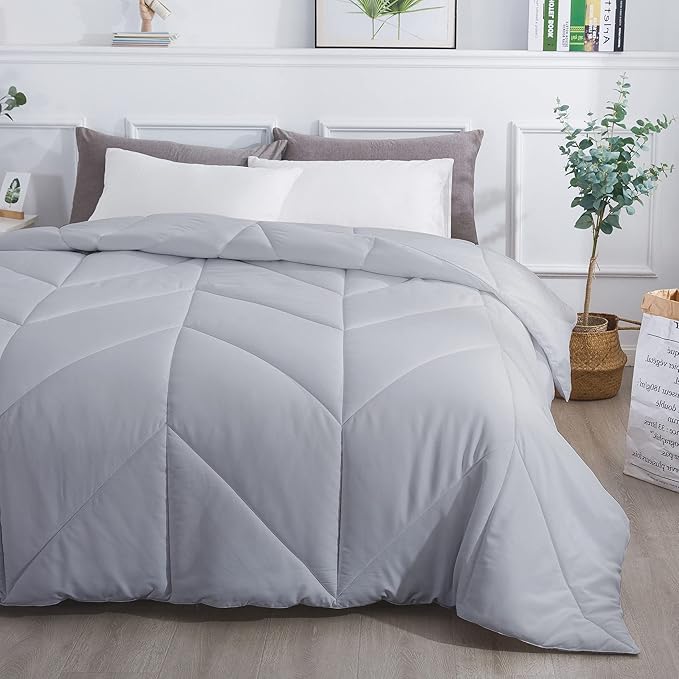 Feather and Loom Chevron Stitch Down Alternative All Seasons Comforter - Soft and Easy Care Microfiber Cover, Hypoallergenic High Loft Fiber Fill, Machine Washable Color: Grey Size: King