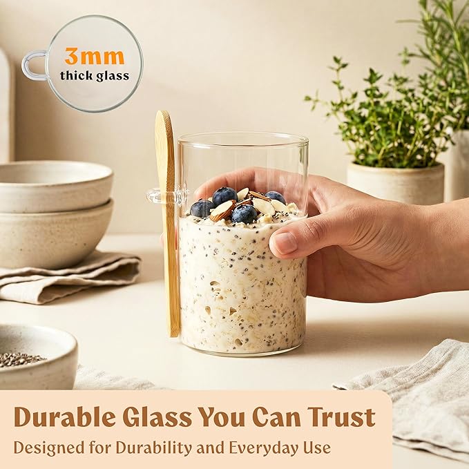 Overnight Oats Containers with Lids, Labels & Spoons (4 x 16oz) Glass Jars for Oatmeal, Meal Prep, Food Storage | Leak-Proof Mason Jars for Oats, Cereal, Yogurt, Chia Pudding [Thicker Glass 3mm]