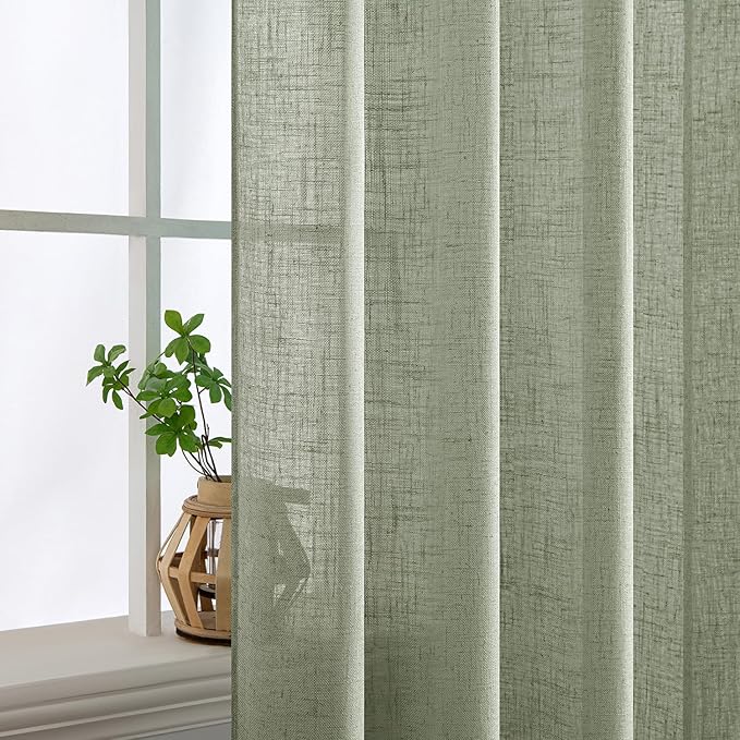 MIULEE Sage Short Linen Curtains 45 Inch Length 2 Panels for Kitchen Bedroom Bathroom,Green Soft Thick Linen Textured Window Drapes Semi Sheer Light Filtering Back Tab Rod Pocket Burlap Look Decor