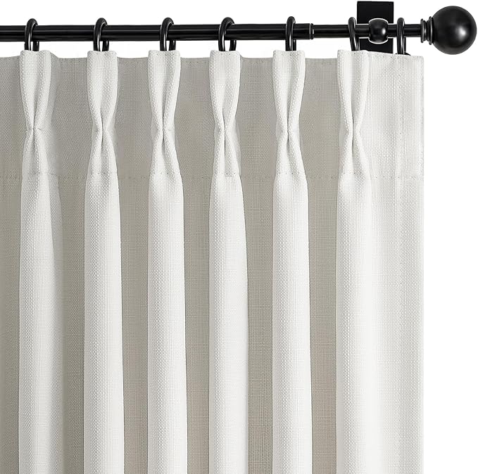 Pinch Pleated Black Out Curtains 84 Inch Long for Living Room, Beige White Thick Linen Memory Trained Boho Bedroom Darkening Curtain 84 Inch Length 2 Panel Set Double Layer Thermal Viral Window Drapes
