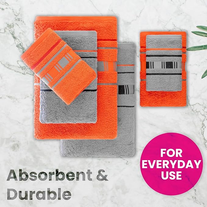 CASA COPENHAGEN X Line 6Pcs 100% Egyptian Cotton Large Designer Towels Gift Set- Grey - Red, 600 GSM, 2Bath 2Hand 2Washcloths, Bath Towels for Bathroom Set for Women & Men