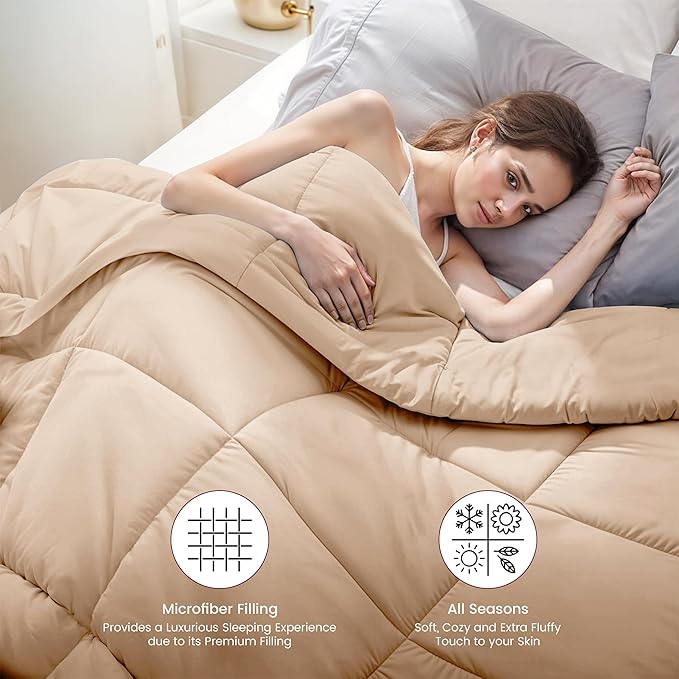 LUX Décor King Bed Comforter - Down Alternative Box Stitched Fluffy Comforter - Duvet Insert 102" x 90" (King, Beige)