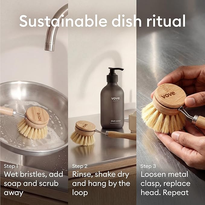 Vove Plastic-Free Dish Brush Bundle, Bamboo Dish Brush and Scrub Brush with 3 Replacement Heads, FSC-Certified Bamboo with Natural Fiber Bristles, Complete Zero-Waste Kitchen Cleaning Set
