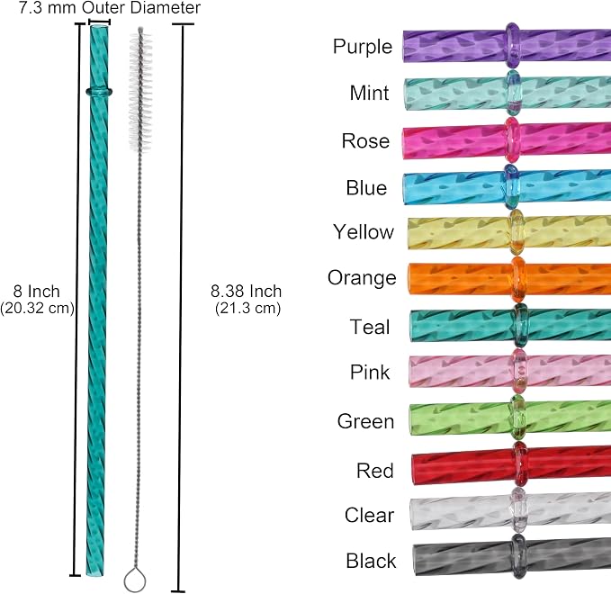 Dakoufish 8 Inch Reusable Clear Plastic Swirl Drinking Straws for 12 oz & 16 oz Mason Jar Tumblers,Set of 12 Pcs Replacement Straws with Cleaning Brush (8inch,12color)