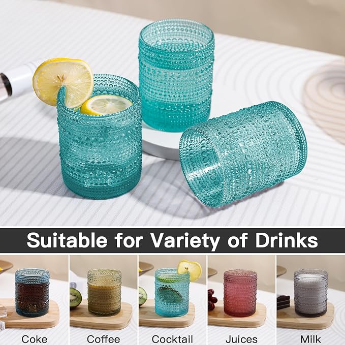 JOVGANK Mint Green Vintage Hobnail Drinking Glasses Set of 6, Embossed Water Tumbler 12oz, Kitchen & Bar Beaded Glass Cups, Beverage Glass Cups for Water, Beer, Juice, Housewarming