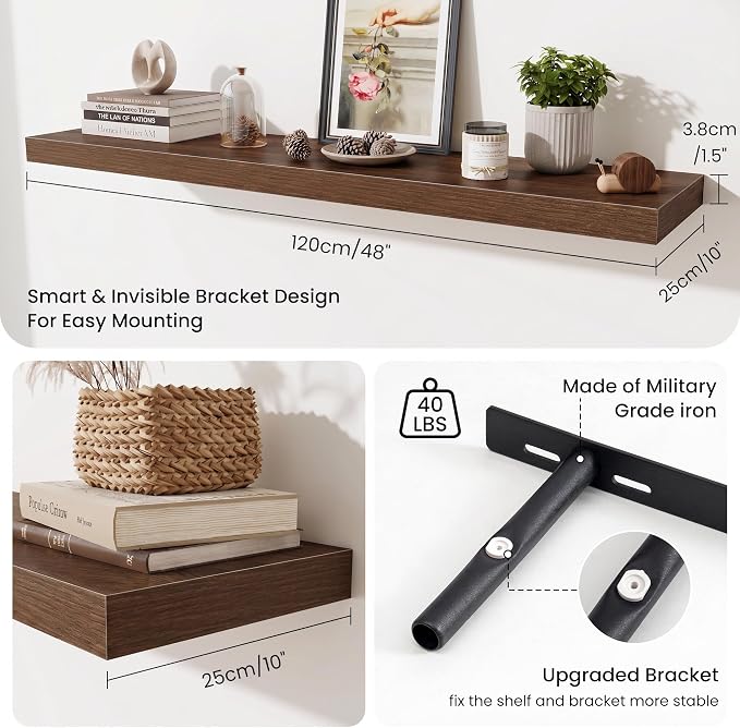 Fun Memories 48 Inch Floating Shelves for Wall - 10 Inch Deep Fireplace Mantel Shelf - Wood Floating Shelves for Wall - Large Storage Shelves Wall Mount for Living Room & Bedroom - Walnut - Set of 2