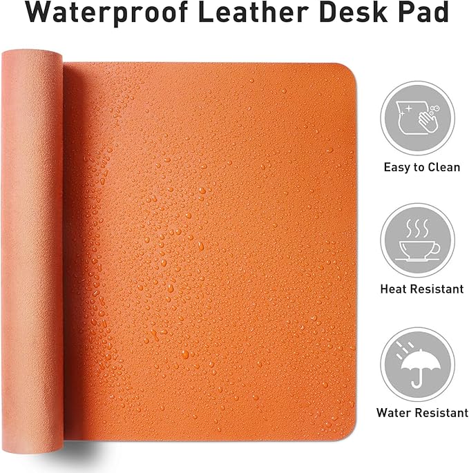 Aothia Faux Leather Desk Mat – Large Mouse Pad, Non-Slip PU Leather Blotter, Waterproof Writing Surface for Office and Home (Hermes Orange, 47.2" x 23.6")