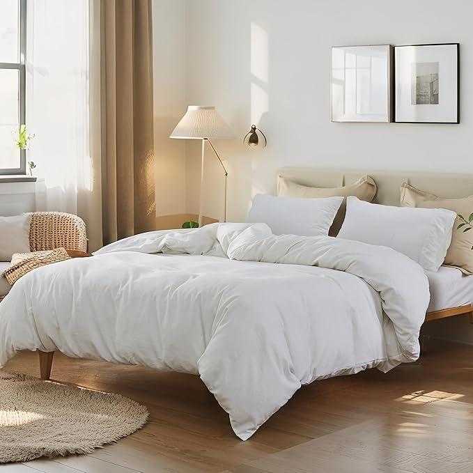 FALUCA French Linen Blend Duvet Cover Set 3Pcs Queen (88"x92") - Soft, Breathable, Cooling Farmhouse Bedding for Summer Hot Sleeper (Queen, White)