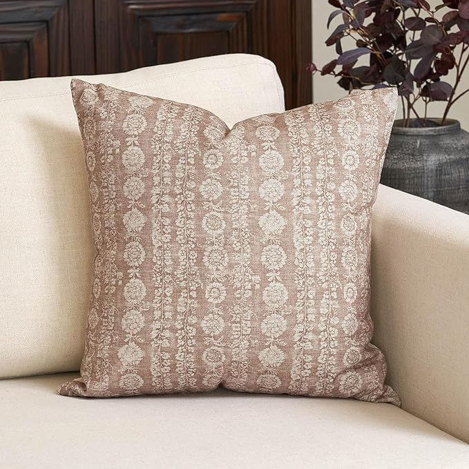 Amor Virisso Vintage Floral Throw Pillow Covers 18x18 Striped Farmhouse Block Print Pillow Cover Boho Neutral Decorative Pillows for Living Room Bed, Light Camel