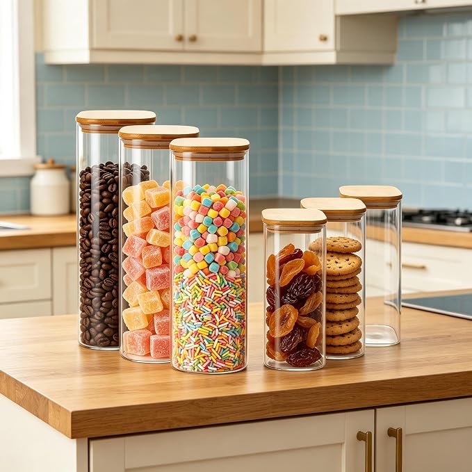 3L and 1.28L Glass Food Storage Containers with Lids - Set of 6 | Square Airtight Food Containers for Kitchen Pantry, Cereal, Coffee, Flour, Sugar