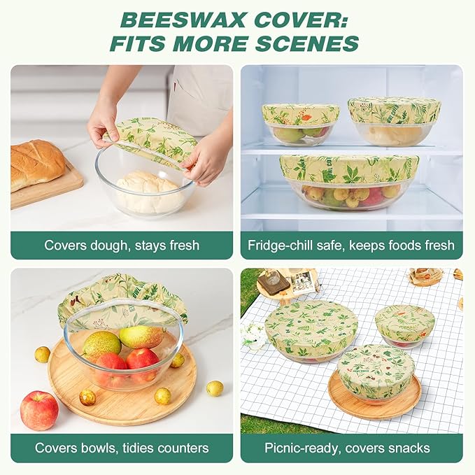 6 Pcs Beeswax Bowl Covers Reusable,Large Reusable Bowl Covers for Bread Proofing,Stretchable to Fit 8/10/12 Inch Bowls (2 Each),Beeswax Wraps for Bread,Leftovers,Fruits,Salad