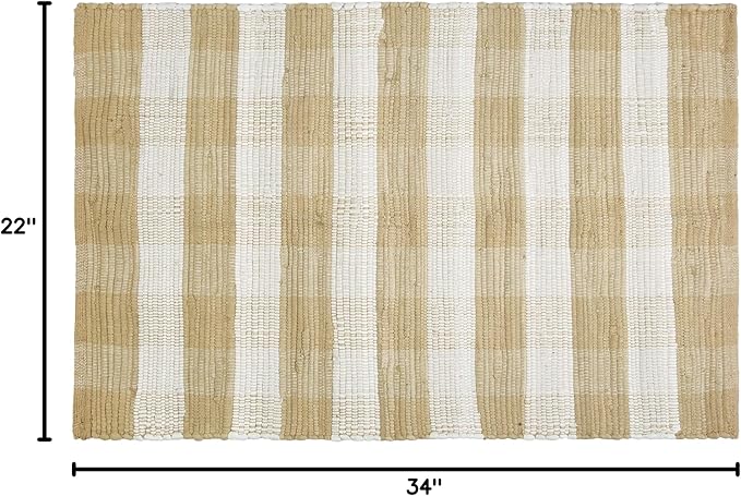 GLAMBURG Cotton Buffalo Check Plaid Rug, Washable Handwoven Checkered Rug, 22x34, Beige Natural, Kitchen Bathroom Outdoor Porch Laundry Living Room, Farmhouse Reversible Rag Rug
